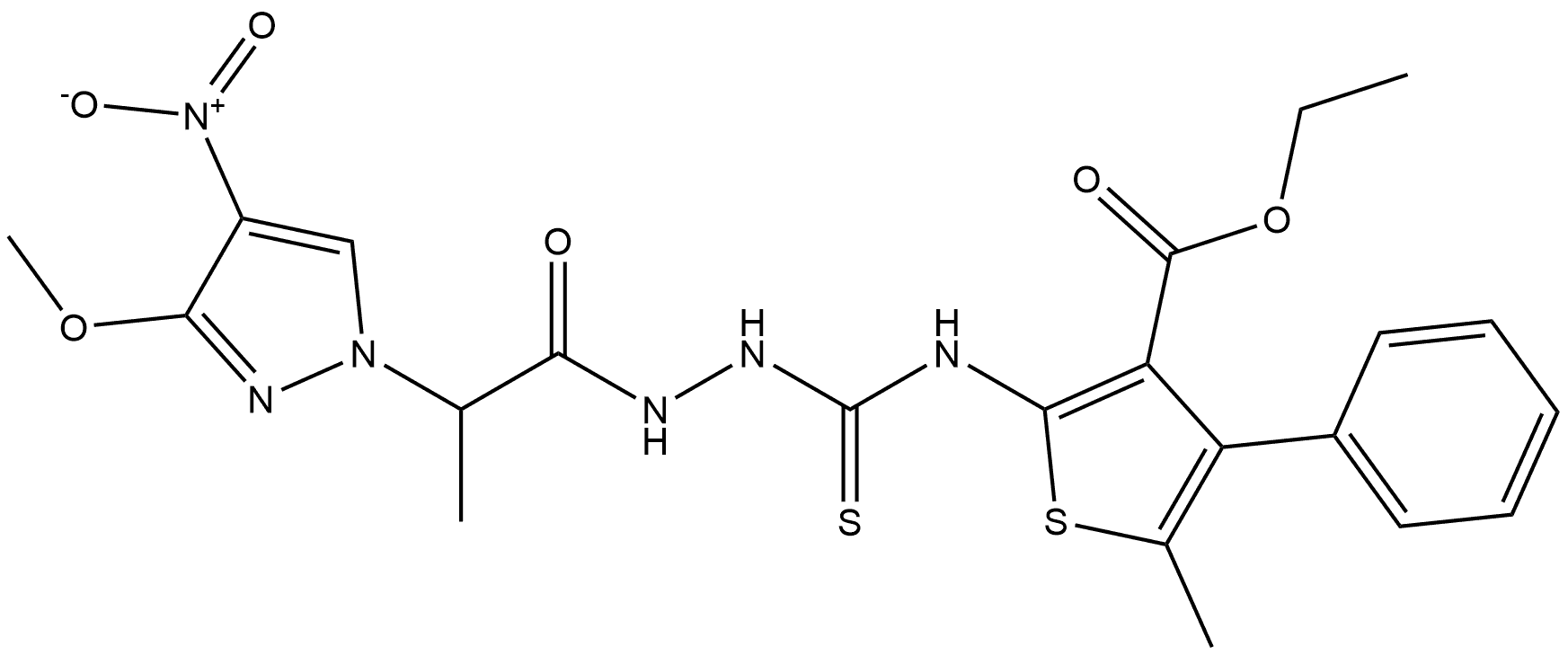 ethyl 2-(2-(2-(3-methoxy-4-nitro-1H-pyrazol-1-yl)propanoyl)hydrazinecarbothioamido)-5-methyl-4-phenylthiophene-3-carboxylate Struktur