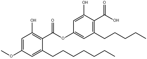 Benzoic acid, 2-heptyl-6-hydroxy-4-methoxy-, 4-carboxy-3-hydroxy-5-pentylphenyl ester Struktur