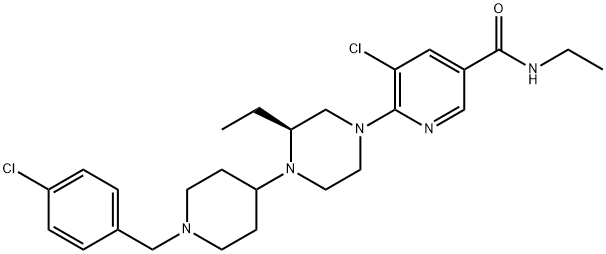 3-Pyridinecarboxamide, 5-chloro-6-[(3S)-4-[1-[(4-chlorophenyl)methyl]-4-piperidinyl]-3-ethyl-1-piperazinyl]-N-ethyl- Struktur