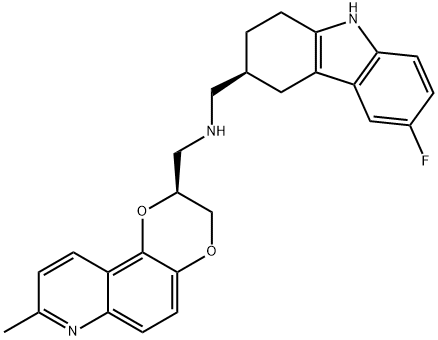 1,4-Dioxino[2,3-f]quinoline-2-methanamine, N-[[(3S)-6-fluoro-2,3,4,9-tetrahydro-1H-carbazol-3-yl]methyl]-2,3-dihydro-8-methyl-, (2S)- Struktur