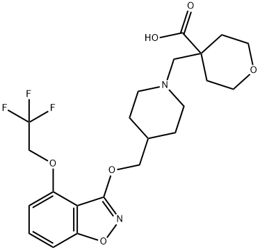 4-[[4-[[4-(2,2,2-Trifluoroethoxy)-1,2-benzoxazol-3-yl]oxymethyl]piperidin-1-yl]methyl]oxane-4-carboxylic acid Struktur