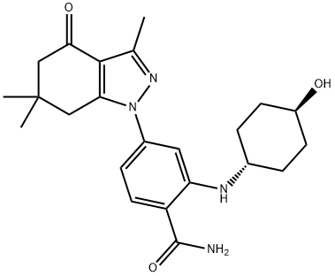 Benzamide, 2-[(trans-4-hydroxycyclohexyl)amino]-4-(4,5,6,7-tetrahydro-3,6,6-trimethyl-4-oxo-1H-indazol-1-yl)- Struktur