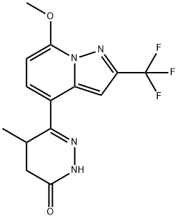 3(2H)-Pyridazinone, 4,5-dihydro-6-[7-methoxy-2-(trifluoromethyl)pyrazolo[1,5-a]pyridin-4-yl]-5-methyl- Struktur