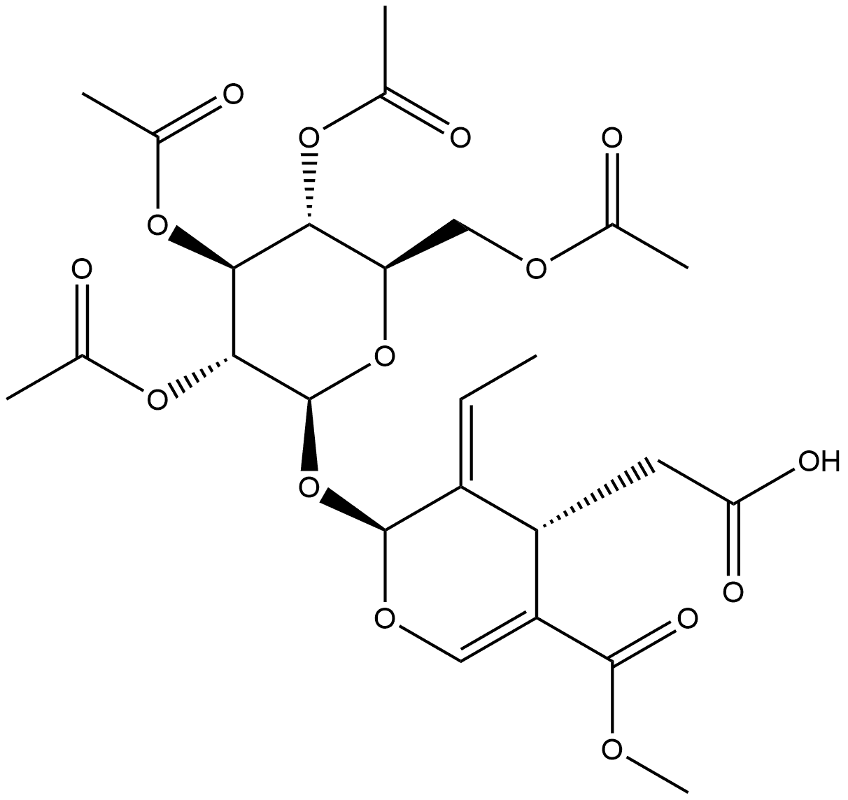 (2S,3E,4S)-3-Ethylidene-3,4-dihydro-5-(methoxycarbonyl)-2-[(2,3,4,6-tetra-O-acetyl-β-D-glucopyranosyl)oxy]-2H-pyran-4-acetic Acid Struktur