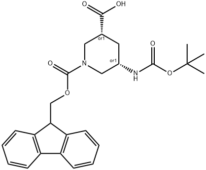 1,3-Piperidinedicarboxylic acid, 5-[[(1,1-dimethylethoxy)carbonyl]amino]-, 1-(9H-fluoren-9-ylmethyl) ester, (3R,5S)-rel- Struktur