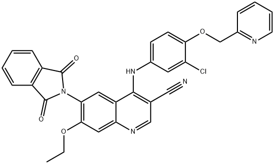 3-Quinolinecarbonitrile, 4-[[3-chloro-4-(2-pyridinylmethoxy)phenyl]amino]-6-(1,3-dihydro-1,3-dioxo-2H-isoindol-2-yl)-7-ethoxy- Struktur