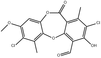 11H-Dibenzo[b,e][1,4]dioxepin-4-carboxaldehyde, 2,7-dichloro-3-hydroxy-8-methoxy-1,6-dimethyl-11-oxo- Struktur