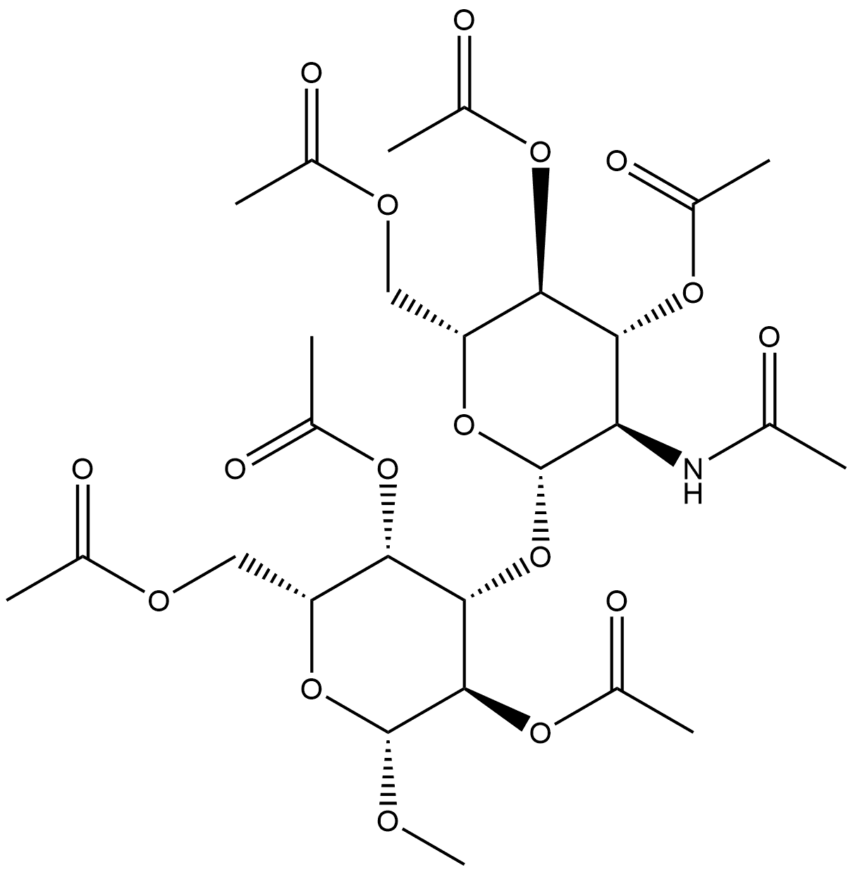 Methyl 3-O-(2-acetamido-3,4,6-tri-O-acetyl-2-deoxy-β-D-glucopyranosyl)-2,4,6-tri-O-acetyl-β-D-galactopyranoside Struktur