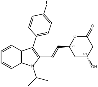 2H-Pyran-2-one, 6-[(1E)-2-[3-(4-fluorophenyl)-1-(1-methylethyl)-1H-indol-2-yl]ethenyl]tetrahydro-4-hydroxy-, (4R,6S)-rel- Struktur