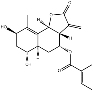 (E)-2-Methyl-2-butenoic acid (3aR)-2,3,3aβ,4,5,5a,6,7,8,9bα-decahydro-6α,8β-dihydroxy-5aα,9-dimethyl-3-methylene-2-oxonaphtho[1,2-b]furan-4α-yl ester Struktur