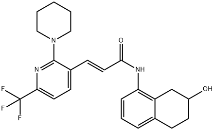 2-Propenamide, 3-[2-(1-piperidinyl)-6-(trifluoromethyl)-3-pyridinyl]-N-(5,6,7,8-tetrahydro-7-hydroxy-1-naphthalenyl)-, (2E)- Struktur