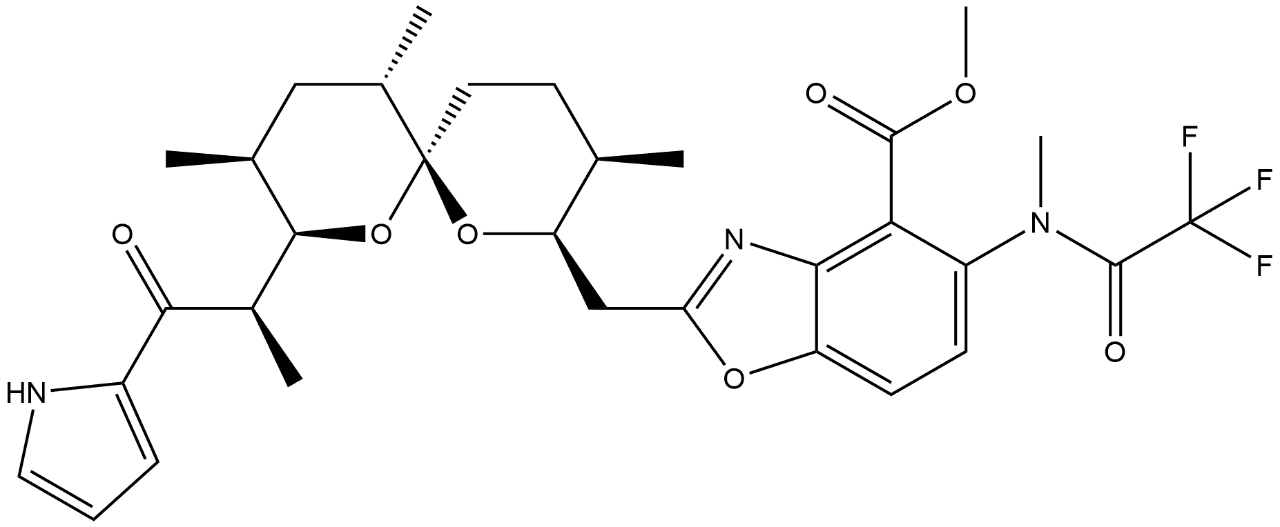 4-Benzoxazolecarboxylic acid, 5-[methyl(trifluoroacetyl)amino]-2-[[3,9,11-trimethyl-8-[1-methyl-2-oxo-2-(1H-pyrrol-2-yl)ethyl]-1,7-dioxaspiro[5.5]undec-2-yl]methyl]-, methyl ester, [6S-[6α(2S*,3S*),8β(R*),9β,11α]]- (9CI)