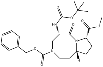 Pyrrolo[1,2-a][1,5]diazocine-3,8(4H)-dicarboxylic acid, 5-[[(1,1-dimethylethoxy)carbonyl]amino]octahydro-6-oxo-, 8-methyl 3-(phenylmethyl) ester, (5S,8S,10aR)- Struktur