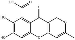 1H,10H-Pyrano[4,3-b][1]benzopyran-9-carboxylic acid, 7,8-dihydroxy-3-methyl-10-oxo- Struktur