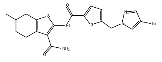 Benzo[b]thiophene-3-carboxamide, 2-[[[5-[(4-bromo-1H-pyrazol-1-yl)methyl]-2-furanyl]carbonyl]amino]-4,5,6,7-tetrahydro-6-methyl- Struktur