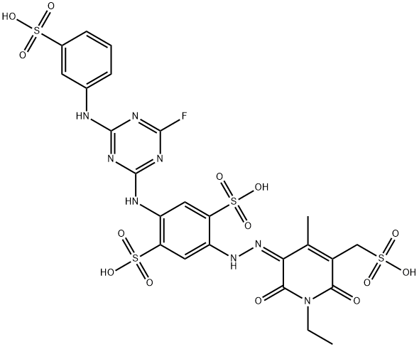 1,?4-?Benzenedisulfonic acid, 2-?[(2Z)?-?2-?[1-?ethyl-?1,?6-?dihydro-?4-?methyl-?2,?6-?dioxo-?5-?(sulfomethyl)?-?3(2H)?-?pyridinylidene]?hydrazinyl]?-?5-?[[4-?fluoro-?6-?[(3-?sulfophenyl)?amino]?-?1,?3,?5-?triazin-?2-?yl]?amino]?- Struktur