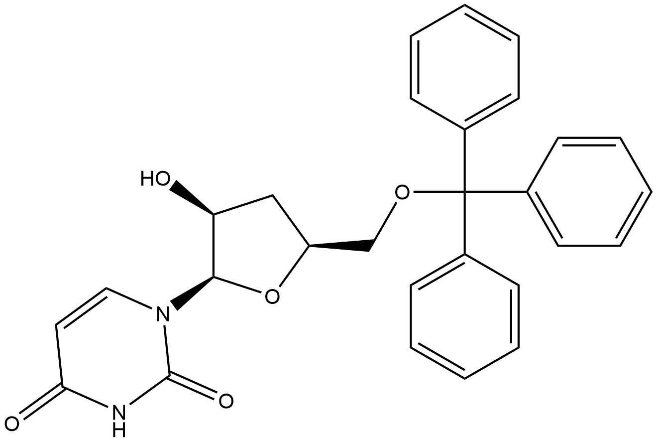 2,4(1H,3H)-Pyrimidinedione, 1-[3-deoxy-5-O-(triphenylmethyl)-β-D-threo-pentofuranosyl]- Struktur