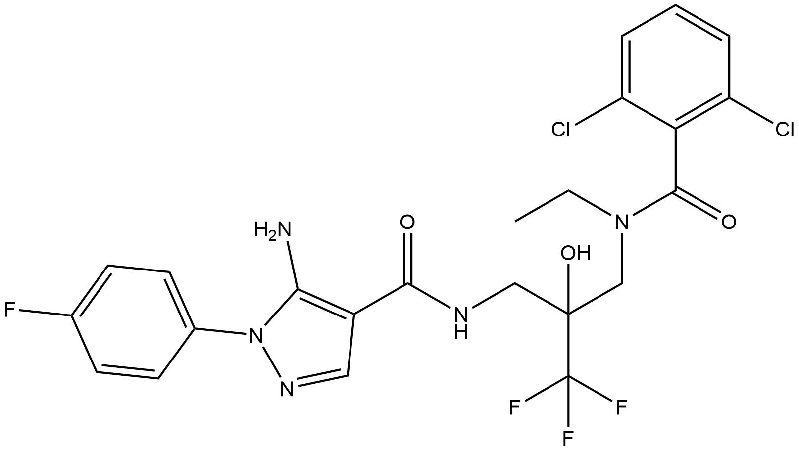 1H-Pyrazole-4-carboxamide, 5-amino-N-[2-[[(2,6-dichlorobenzoyl)ethylamino]methyl]-3,3,3-trifluoro-2-hydroxypropyl]-1-(4-fluorophenyl)- Struktur