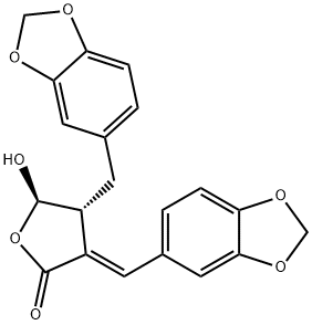 [4R,(+)]-4β-(1,3-Benzodioxol-5-ylmethyl)-3-[(E)-1,3-benzodioxol-5-ylmethylene]dihydro-5α-hydroxy-2(3H)-furanone Struktur