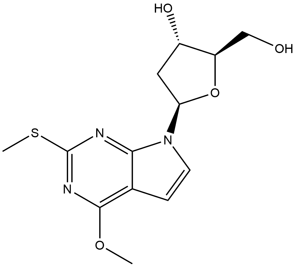 7H-Pyrrolo[2,3-d]pyrimidine, 7-(2-deoxy-β-D-erythro-pentofuranosyl)-4-methoxy-2-(methylthio)- Struktur