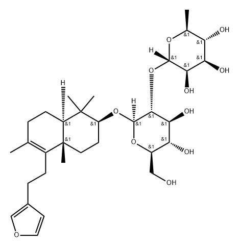 [[2S,(-)]-5-[2-(3-Furanyl)ethyl]-1,2,3,4,4a,7,8,8aα-octahydro-1,1,4aβ,6-tetramethylnaphthalen-2β-yl]6-deoxy-2-O-β-D-glucopyranosyl-α-L-mannopyranoside Struktur