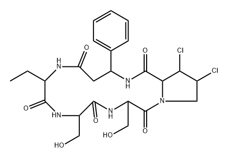 Cyclo(L-Abu-L-Ser-L-Ser-3β,4β-dichloro-L-Pro-3-phenyl-βAla-) Struktur