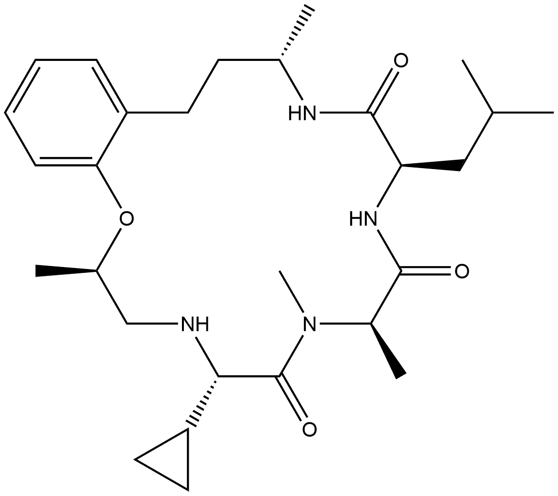 D-Leucine, (2S)-N-[(2R)-2-[2-[(3S)-3-aminobutyl]phenoxy]propyl]-2-cyclopropylglycyl-N-methyl-D-alanyl-, (3→1)-lactam Struktur