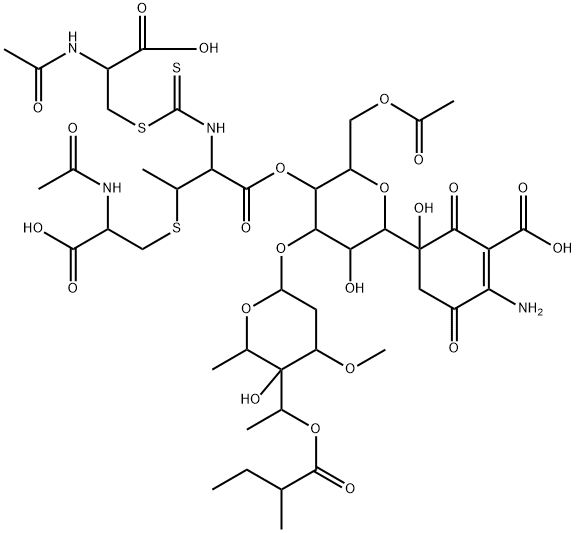 L-Cysteine, N-acetyl-,[2-[[2-(acetylamino)-2-carboxyethyl]thio]-1-carboxypropyl]carbamodithioate(ester), 4'-ester with 5-[6-O-acetyl-3-O-[2,6-dideoxy-3-O-methyl-4-C-[1-(2-methyl-1-oxobutoxy)ethyl]-a-L-lyxo-hexopyranosyl]-b-D-allopyranosyl]-2-amino-5-hydroxy-3,6-dioxo-1-cyclohexene-1-carboxylicacid (9CI) Struktur