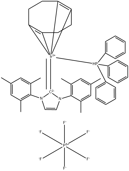 Triphenylphosphine(1,5-cyclooctadiene)[1,3-bis(2,4,6-trimethylphenyl)imidazol-2-ylidene]iridium(I) hexafluorophosphate, min. 98% Struktur