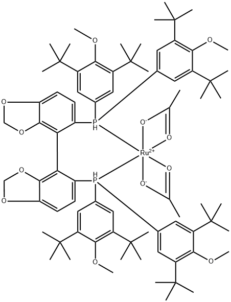 Diacetato{(R)-(-)-5,5'-bis[di(3,5-di-t-butyl-4-methoxyphenyl)phosphino]-4,4'-bi-1,3-benzodioxole}ruthenium(II) Ru(OAc)2[(R)-dtbm-segphos] Struktur