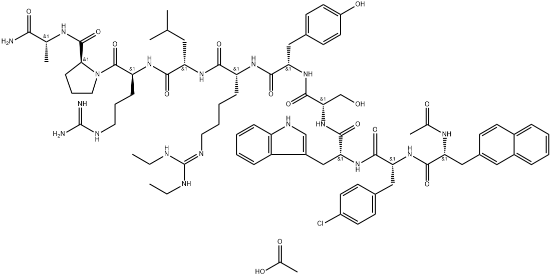 D-Alaninamide, N-acetyl-3-(2-naphthalenyl)-D-alanyl-4-chloro-D-phenylalanyl-D-tryptophyl-L-seryl-L-tyrosyl-N6-[(ethylamino)(ethylimino)methyl]-D-lysyl-L-leucyl-L-arginyl-L-prolyl-, acetate (1:2) Struktur