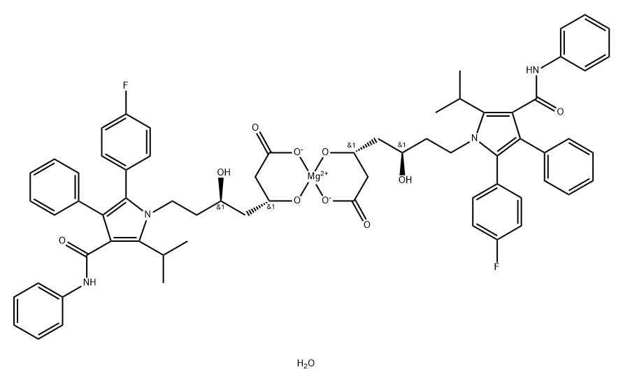 Magnesium, bis[(βR,δR)-2-(4-fluorophenyl)-β-(hydroxy-κO)-δ-hydroxy-5-(1-methylethyl)-3-phenyl-4-[(phenylamino)carbonyl]-1H-pyrrole-1-heptanoato-κO1]-, hydrate (1:3), (T-4)- Struktur