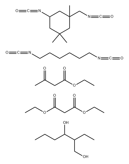 1,3-Hexanediol, 2-ethyl-, polymer with 1,6-diisocyanatohexane and 5-isocyanato-1-(isocyanatomethyl) -1,3,3-trimethylcyclohexane, di-Et malonate- and Et acetoacetate-blocked Struktur