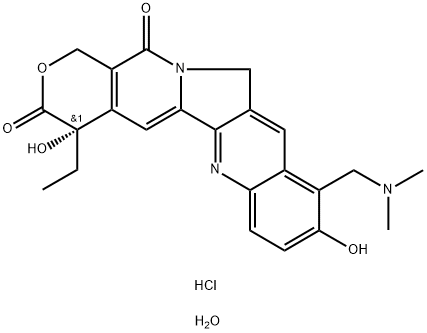 1H-Pyrano[3',4':6,7]indolizino[1,2-b]quinoline-3,14(4H,12H)-dione, 10-[(dimethylamino)methyl]-4-ethyl-4,9-dihydroxy-, hydrochloride, hydrate (1:1:1), (4S)- Struktur