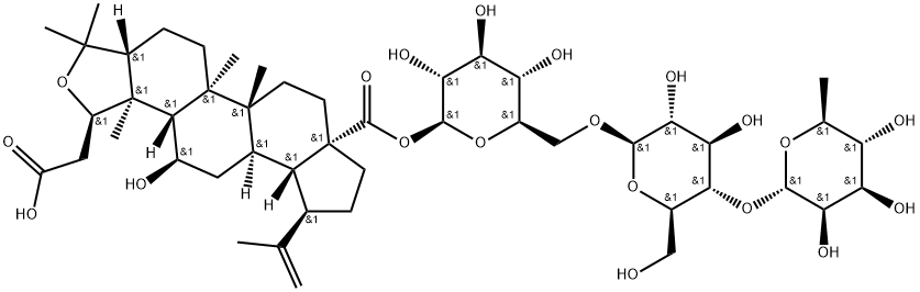 Androstano[3,4-c]furan-5'-acetic acid, 18-[(O-6-deoxy-α-L-mannopyranosyl-(1→4)-O-β-D-glucopyranosyl-(1→6)-β-D-glucopyranosyl)oxy]tetrahydro-6-hydroxy-2',2',4,9-tetramethyl-15-(1-methylethenyl)-18-oxo-, (3β,4α,5β,5'β,6β,8α,9β,10α,13α,14β,15β)- Struktur