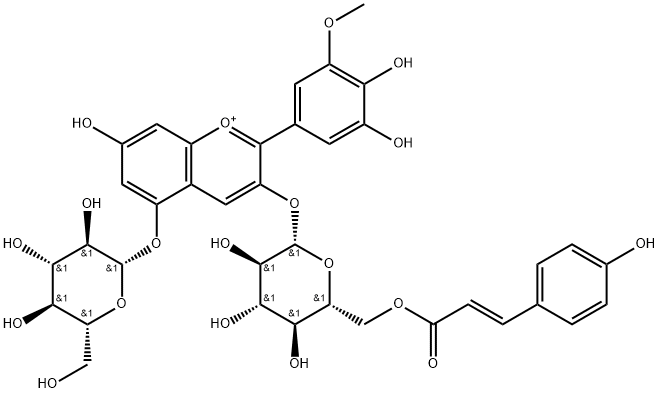 1-Benzopyrylium, 2-(3,4-dihydroxy-5-methoxyphenyl)-5-(β-D-glucopyranosyloxy)-7-hydroxy-3-[[6-O-[(2E)-3-(4-hydroxyphenyl)-1-oxo-2-propen-1-yl]-β-D-glucopyranosyl]oxy]- Struktur