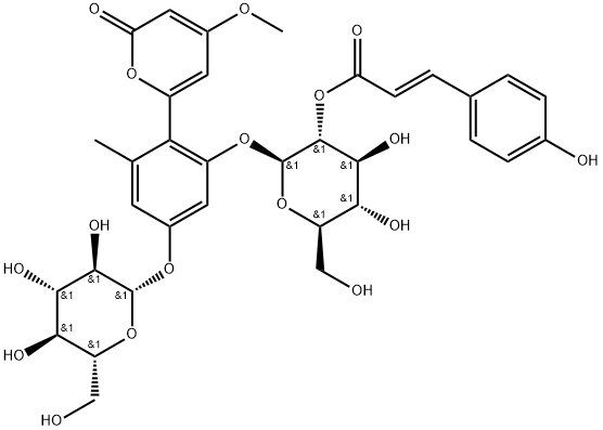 2H-Pyran-2-one, 6-[4-(β-D-glucopyranosyloxy)-2-[[2-O-[(2E)-3-(4-hydroxyphenyl)-1-oxo-2-propen-1-yl]-β-D-glucopyranosyl]oxy]-6-methylphenyl]-4-methoxy- Struktur