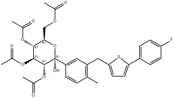 2,3,4,6-tetra-O-acetyl-1-C-(3-{[5-(4-fluorophenyl)-2-thienyl]methyl}-4-methylphenyl)-a-D-glucopyranose Struktur