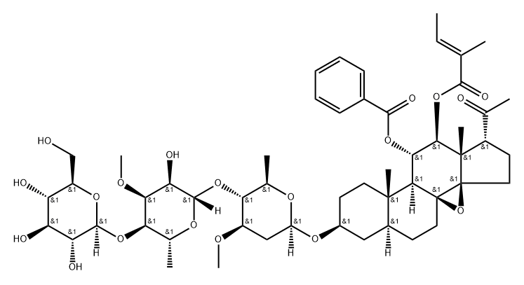 Pregnan-20-one, 11-(benzoyloxy)-8,14-epoxy-3-[(O-β-D-glucopyranosyl-(1→4)-O-6-deoxy-3-O-methyl-β-D-allopyranosyl-(1→4)-2,6-dideoxy-3-O-methyl-β-D-arabino-hexopyranosyl)oxy]-12-[[(2E)-2-methyl-1-oxo-2-buten-1-yl]oxy]-, (3β,5α,11α,12β,14β,17α)- Struktur