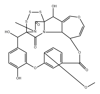 2H,8H,20H,22H-1,21-Epitrithio-21,1-(iminomethano)-9,13:15,19-dimetheno-4,7,14-trioxa-22a-azacyclononadec[cd]azulene-8,22,27-trione, 6a,22b-dihydro-2,16,20-trihydroxy-12-methoxy-26-methyl-, (1R,2R,6aS,20S,21aR,22bS)- Struktur