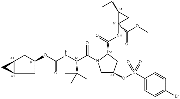 Cyclopropanecarboxyl?ic acid, N-?[[(1α,?3β,?5α)?-?bicyclo[3.1.0]?hex-?3-?yloxy]?carbonyl]?-?3-?methyl-?L-?valyl-?(4S)?-?4-?[[(4-?bromophenyl)?sulfonyl]?oxy]?-?L-?prolyl-?1-?amino-?2-?ethyl-?, methyl ester, (1R,?2R)?- Struktur