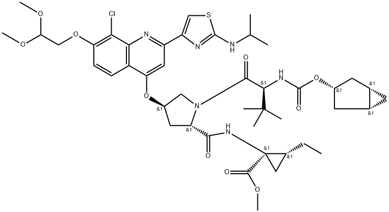 Cyclopropanecarboxyl?ic acid, N-?[[(1α,?3β,?5α)?-?bicyclo[3.1.0]?hex-?3-?yloxy]?carbonyl]?-?3-?methyl-?L-?valyl-?(4R)?-?4-?[[8-?chloro-?7-?(2,?2-?dimethoxyethoxy)?-?2-?[2-?[(1-?methylethyl)?amino]?-?4-?thiazolyl]?-?4-?quinolinyl]?oxy]?-?L-?prolyl-?1-?amino-?2-?ethyl-?, methyl ester, (1R,?2R)?- Struktur