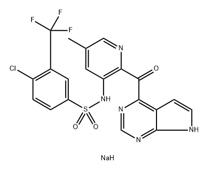 Benzenesulfonamide, 4-chloro-N-[5-methyl-2-(7H-pyrrolo[2,3-d]pyrimidin-4-ylcarbonyl)-3-pyridinyl]-3-(trifluoromethyl)-, sodium salt (1:1) Struktur