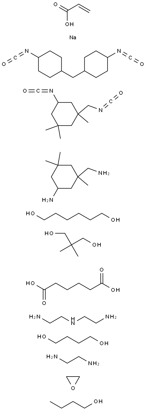 Hexanedioic acid, polymer with N-(2-aminoethyl)-1,2-ethanediamine, 5-amino-1,3,3-trimethylcyclohexanemethanamine, 1,4-butanediol, 2,2-dimethyl-1,3-propanediol, 1,2-ethanediamine, 1,6-hexanediol, 5-isocyanato-1-(isocyanatomethyl)-1,3,3-trimethylcyclohexane Struktur