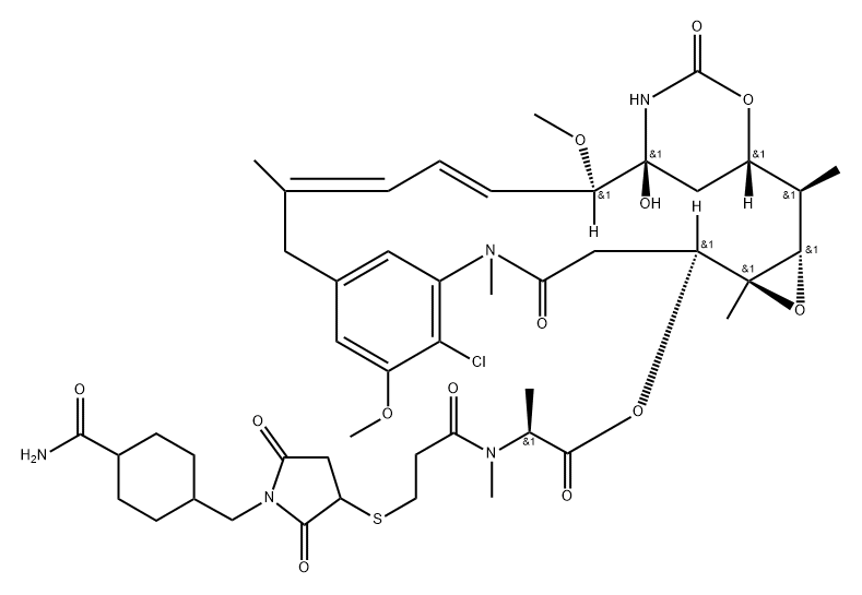 Maytansine, N2'-[3-[[1-[[4-(aminocarbonyl)cyclohexyl]methyl]-2,5-dioxo-3-pyrrolidinyl]thio]-1-oxopropyl]-N2'-deacetyl- Struktur