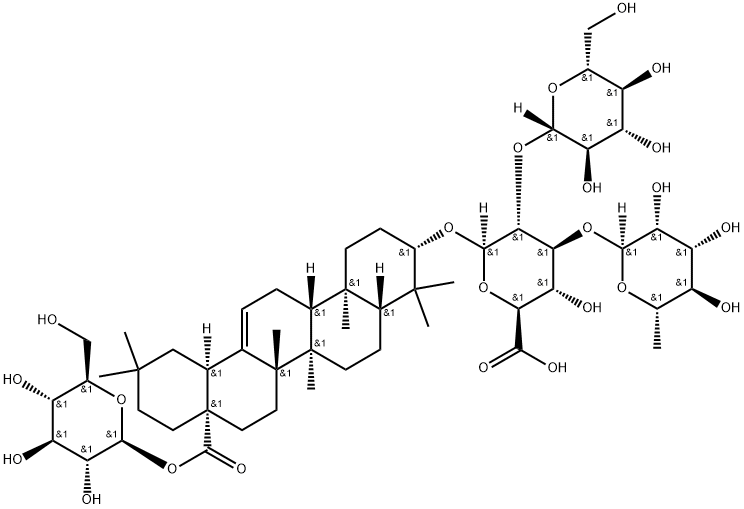 β-D-Glucopyranosiduronic acid, (3β)-28-(β-D-glucopyranosyloxy)-28-oxoolean-12-en-3-yl O-6-deoxy-α-L-mannopyranosyl-(1→3)-O-[β-D-glucopyranosyl-(1→2)]- Struktur