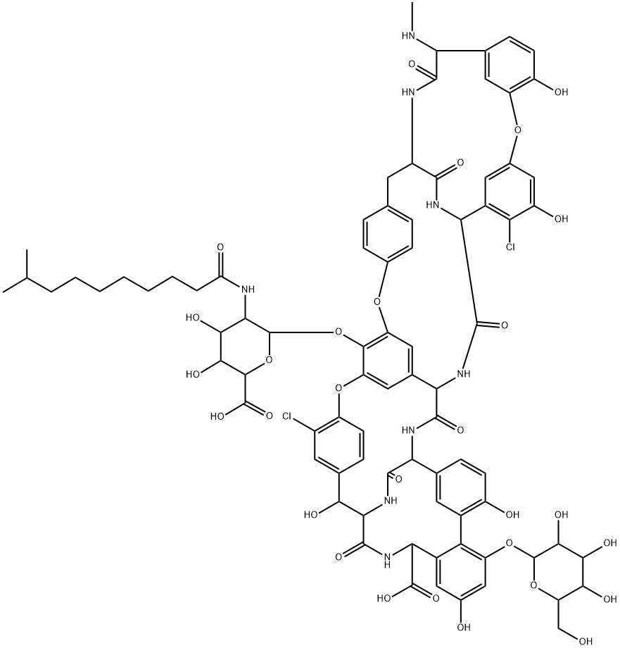 Ristomycin A aglycone, 5,31-dichloro-7-demethyl-64-O-demethyl-19-deoxy-56-O-[2-deoxy-2-[(9-methyl-1-oxodecyl)amino]-β-D-glucopyranuronosyl]-42-O-α-D-mannopyranosyl-N15-methyl- Struktur