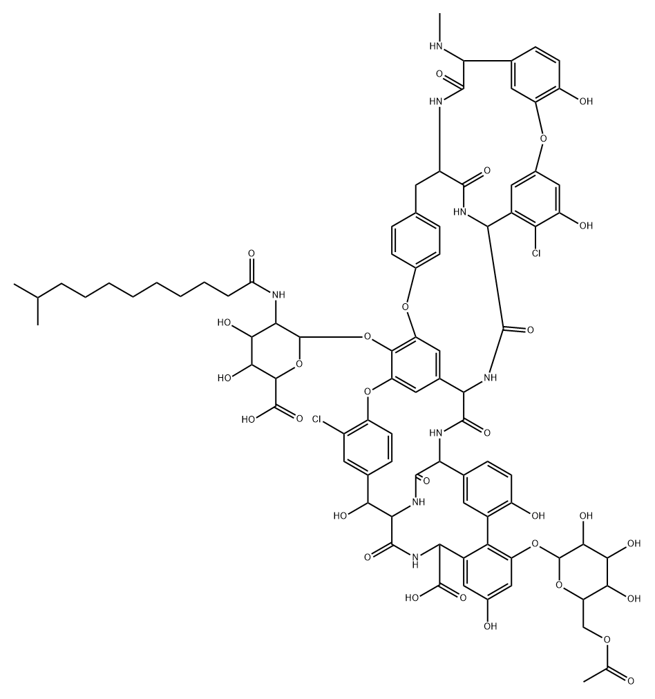 Ristomycin A aglycone,42-O-(6-O-acetyl-a-D-mannopyranosyl)-5,31-dichloro-7-demethyl-64-O-demethyl-19-deoxy-56-O-[2-deoxy-2-[(10-methyl-1-oxoundecyl)amino]-b-D-glucopyranuronosyl]-N15-methyl-(9CI) Struktur