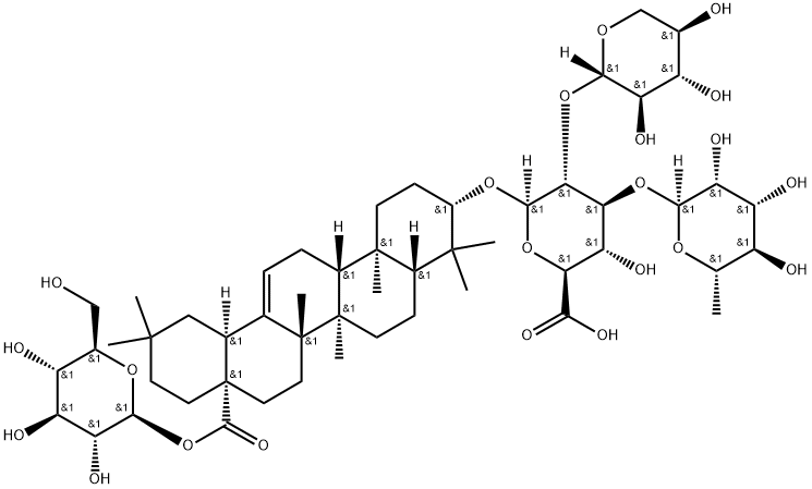 β-D-glucopyranosyl 3-O-[(O-β-D-xylopyranosyl-(1→2) (O-α-L-rhamnopyranosyl(1→3)β-D-glucuronopyranosyl]oleanolate Struktur