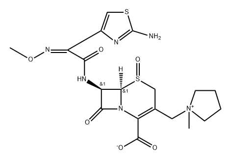 (5R,6R,7R)-7-((Z)-2-(2-aminothiazol-4-yl)-2-(methoxyimino)acetamido)-3-((1-methylpyrrolidin-1-ium-1-yl)methyl)-8-oxo-5-thia-1-azabicyclo[4.2.0]oct-2-ene-2-carboxylate 5-oxide Structure